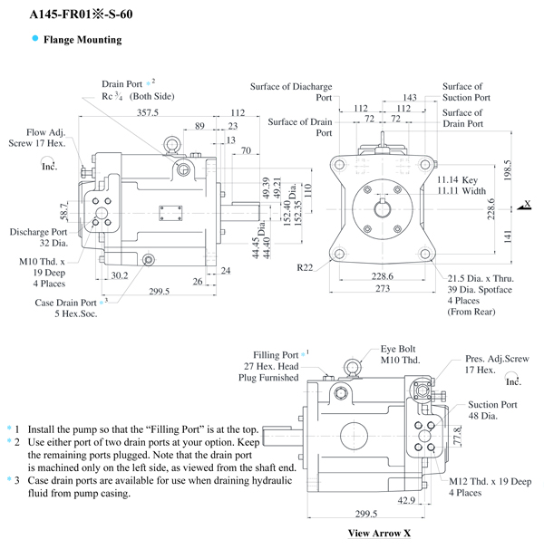 ปั๊มไฮดรอลิกแบบลูกสูบชนิดปรับปริมาตร (Hydraulic Piston Pumps Side Port Type) A145-FR01X-S-60