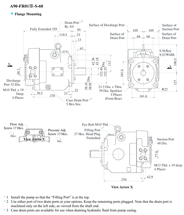 ปั๊มไฮดรอลิกแบบลูกสูบ (Hydraulic Piston Pumps) ชนิดปรับปริมาตร (Side Port Type) A90-FR01X-S-60